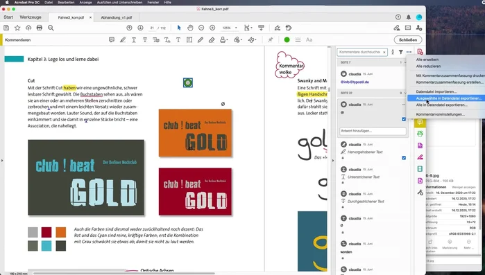 Zusammenfassungen erstellen und exportieren/importieren: Erstellen Sie eine separate PDF-Datei mit einer Zusammenfassung der Kommentare oder exportieren/importieren Sie Kommentare für effizienten Datenaustausch.