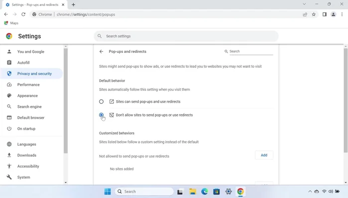 Wählen Sie die Option 'Websites dürfen keine Pop-up-Fenster senden oder Weiterleitungen verwenden'.
