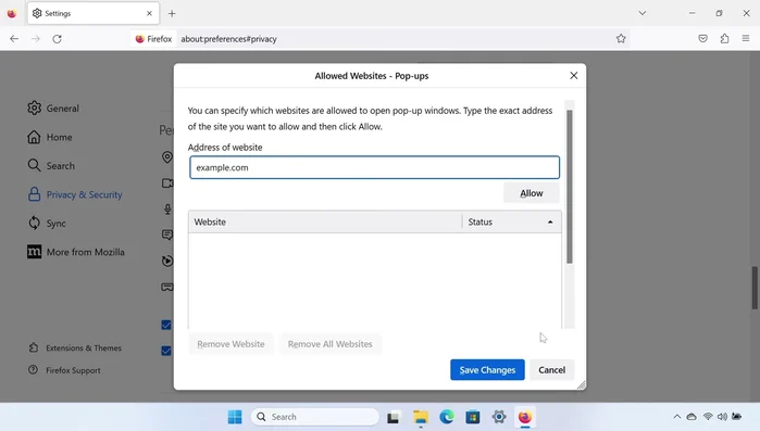 Fügen Sie im angezeigten Fenster den Website-Link ein und klicken Sie auf 'Zulassen'.