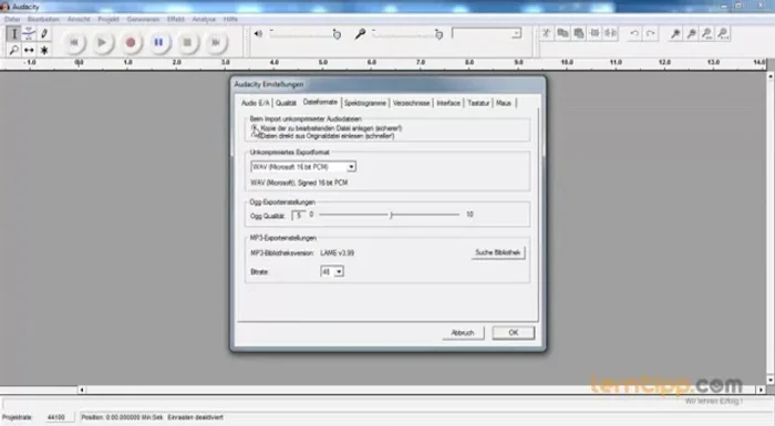MP3 Exporteinstellungen: Lame Encoder auswählen, Bitrate (z.B. 48) einstellen.