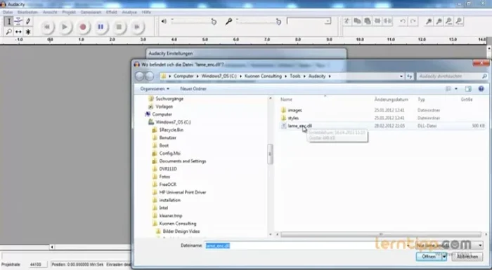 MP3 Exporteinstellungen: Lame Encoder auswählen, Bitrate (z.B. 48) einstellen.