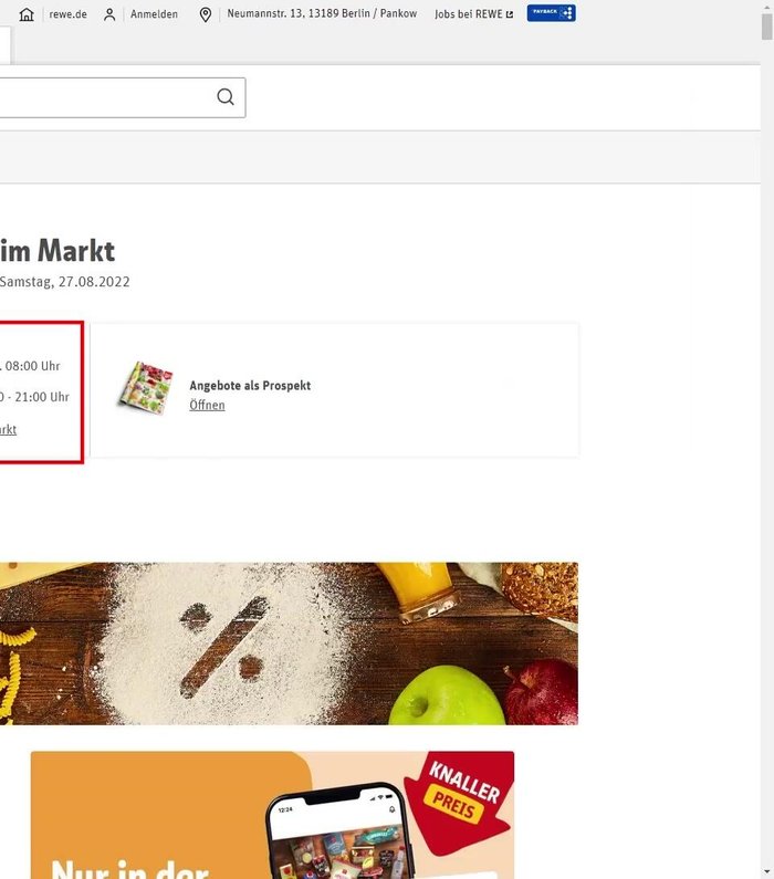 Markt auswählen und Angebote prüfen: Den bevorzugten Rewe-Markt auswählen und aktuelle Angebote einsehen (beachte: Angebote im Prospekt gelten nicht immer für den Lieferservice).