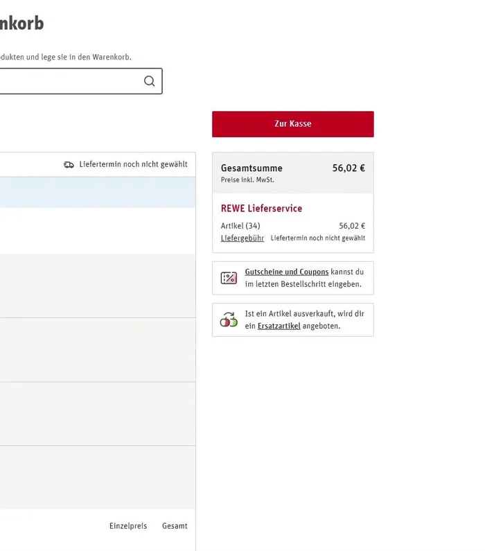 Zur Kasse gehen: Liefer- und Rechnungsadresse angeben (wird für zukünftige Bestellungen gespeichert), Lieferzeitraum wählen (Kosten variieren je nach Zeitraum).