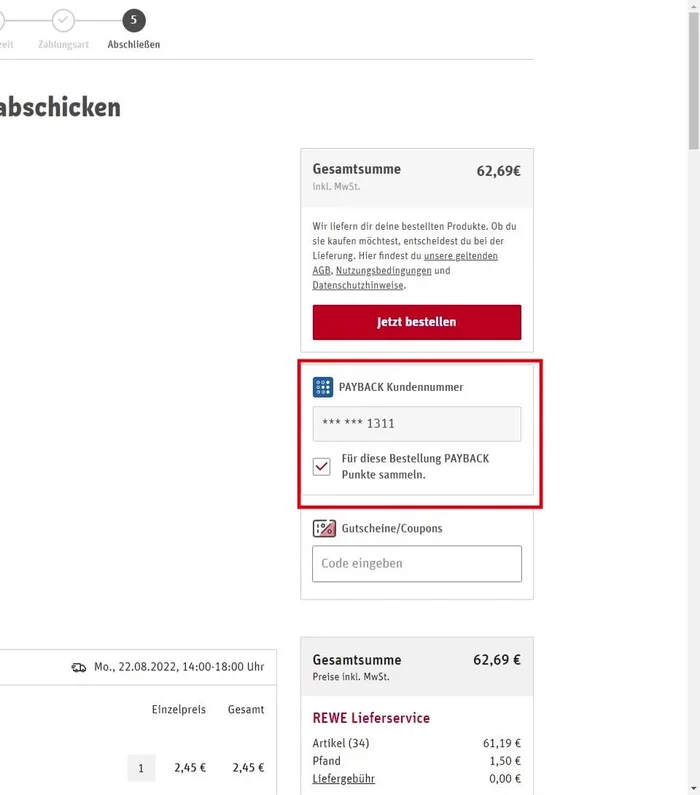 Payback-Karte hinzufügen (optional): Payback-Karte hinzufügen, um Punkte zu sammeln und eventuell vorhandene Coupons zu nutzen.