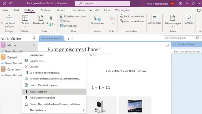 Abschnitte erstellen: Erstelle neue Abschnitte innerhalb eines Notizbuchs, um deine Notizen zu organisieren (entweder über 'Neuer Abschnitt' oder 'Seite einfügen').