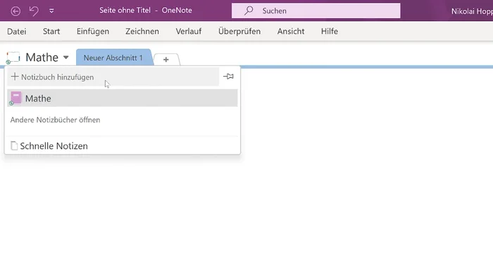 Notizbücher erstellen: Klicke links oben auf 'Notizbuch hinzufügen'. Wähle einen Speicherort und benenne die Notizbücher (z.B. 'Mathe', 'Deutsch', 'Sonstiges').