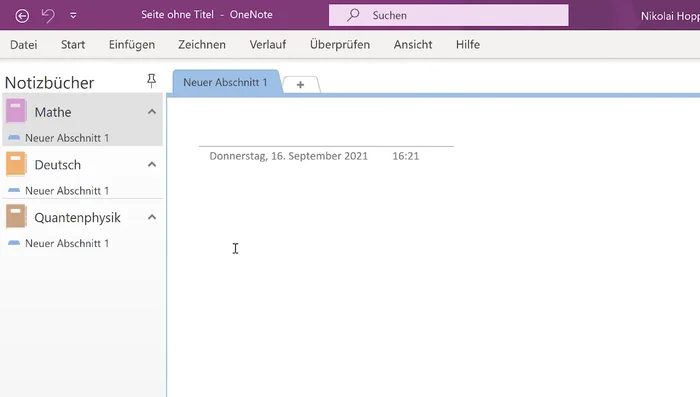 Abschnitte erstellen: Erstelle neue Abschnitte innerhalb eines Notizbuchs, um deine Notizen zu organisieren (entweder über 'Neuer Abschnitt' oder 'Seite einfügen').