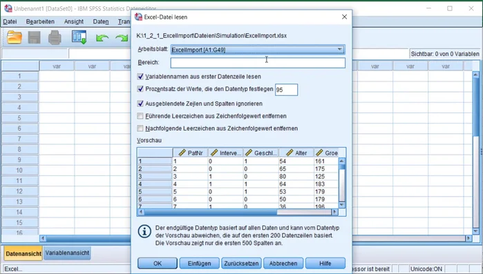 Auf 'OK' klicken, um die Daten in SPSS zu importieren.