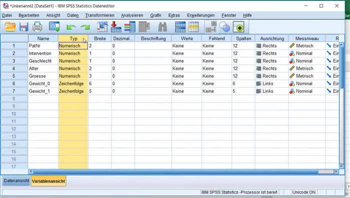 In der Variablenansicht unter 'Werte' die Kodierungen (z.B. 0 für Placebo, 1 für Therapie) für kategoriale Variablen definieren.
