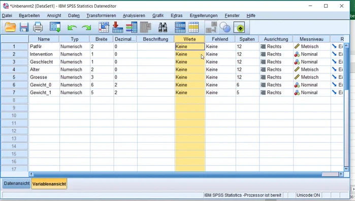 In der Variablenansicht unter 'Werte' die Kodierungen (z.B. 0 für Placebo, 1 für Therapie) für kategoriale Variablen definieren.