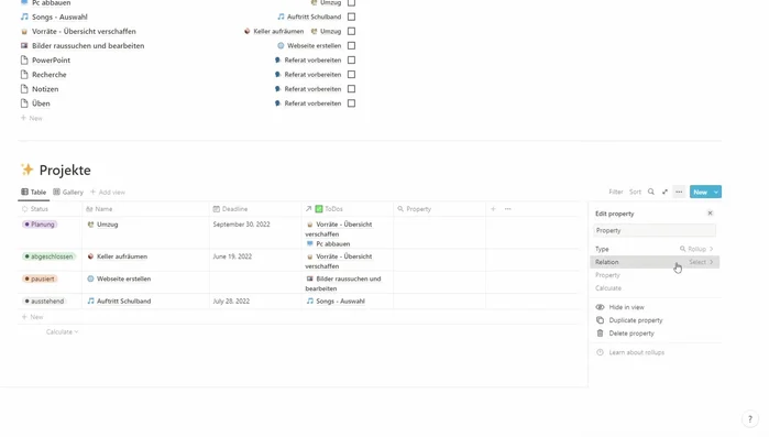 Konfiguration des Rollups: Auswahl der Relation (To-dos), der Property (z.B. "Erledigt"), und der Aggregierungsfunktion (z.B. "Count", "Count all", "Sum", Prozentuale Darstellung).