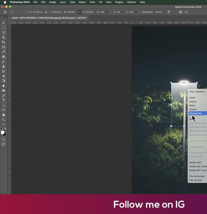 Perspektive anpassen und übernehmen: Passe die Perspektive im Perspektiv-Panel an und klicke auf „Übernehmen“. Kopiere die Ebene (Strg + C).